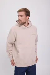 Hoodie color beige de manga larga con capucha, bolsillo tipo canguro, puños de canalé y estampa en la espalda.