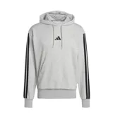 Canguro Adidas Essentials con capucha, color gris con tres rayas negras en las mangas y logo bordado en el pecho.
