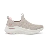 Championes Skechers Arch Fit 2.0 Sheer Shimmer, color beige con detalles en rosa. Diseño vegano con parte superior de knit metálico elástico y plantilla Arch Fit extraíble con soporte en el arco plantar certificado por podólogos.