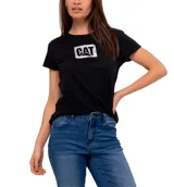 Remera negra de algodón con cuello redondo y logo de CAT estampado en el pecho.