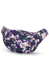 Riñonera JanSport Fifth Avenue negra con estampado de rayos blancos.