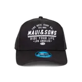 Gorro negro con logo de Maui and Sons bordado en blanco en el frente.
