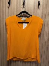 Blusa azul con escote en "v" y manga corta.