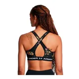 Top deportivo Under Armour con estampado abstracto en tonos verde militar y negro, breteles finos blancos y banda elástica con logo de la marca.
