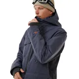 Campera de esquí azul con capucha, cierre frontal y múltiples bolsillos.