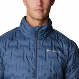 Campera Columbia azul con diseño acolchado, cierre frontal completo, cuello alto y logo de la marca bordado en el pecho.