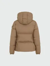 Campera puffer Moncler Fourmines color beige con capucha desmontable y relleno de plumas.