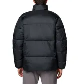 Campera puffer negra con cierre frontal y cuello alto. Logo de Columbia bordado en blanco en el pecho.