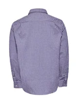 Camisa de hombre de manga larga con estampado a cuadros azules y rosas. Confeccionada en popelina elástica de algodón orgánico con tecnología Natural Flex.