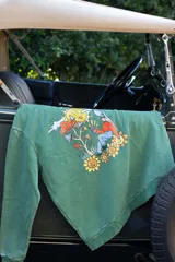 Buzo verde con estampa en la espalda de un sol, nubes, hongos y un personaje sentado sobre flores con una hamburguesa en la mano.