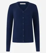 Cardigan blanco de viscosa con cuello en V, cierre frontal de botones y mangas largas.