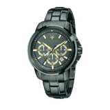 Reloj Maserati modelo Successo con caja de acero inoxidable color negro de 44mm, esfera gris con detalles dorados luminosos, cristal mineral resistente, brazalete metálico y funciones de cronógrafo con fechador. Resistente al agua hasta 50 metros.