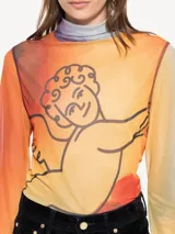 Top de mesh con cuello alto y mangas largas, con estampado batik multicolor.