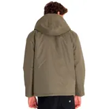 Chaqueta Caterpillar color verde militar con capucha ajustable, cierre frontal con cremallera y solapa interior, bolsillos superiores en el pecho y laterales inferiores, forro acolchado triangular y tres bolsillos interiores.