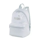 Mochila gris de diseño práctico con logo plateado de Puma, cuenta con un compartimento principal y un bolsillo frontal.