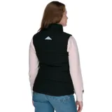 Chaleco negro acolchado para mujer, con logo de Cat en el pecho, bolsillos inferiores con cierre, diseño reflectante en la espalda, cordones ajustables en el dobladillo y bolsillos interiores de malla.
