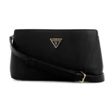 Bandolera Guess Talent color negro con logo triangular dorado en el frente y correa ajustable.