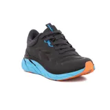 Zapatillas deportivas de running en gris con detalles en turquesa y suela de alto impacto.