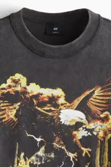 Remera gris con efecto lavado, corte holgado, cuello redondo y estampado de un águila, cactus y texto "Rodeo Sunset".