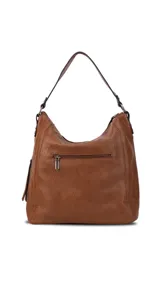 Cartera tipo hobo de cuero sintético color marrón con correa corta y correa larga ajustable. Tiene un bolsillo con cierre en el frente y otro en la parte trasera, además de bolsillos internos.