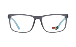 Armazón para anteojos rectangular de acetato color gris con patillas celestes y logo de la marca en el frente.