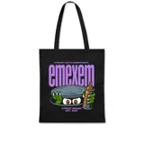 Bolso de tela negro tipo tote bag con asas de mano. Estampado frontal con un diseño de estilo graffiti que muestra un monstruo verde asomándose por una tapa de alcantarilla, sosteniendo una lata de aerosol. El texto principal dice "emexem" en morado, con "STRAIGHT OUTTA CORDON NORTE" arriba y "STREET BRAND EST. 2009" abajo.