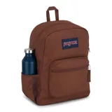 Mochila de color marrón con gran compartimento principal y bolsillo frontal con organizador interno.