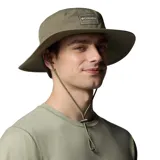 Gorro de pesca Columbia Broad Spectrum II color verde oliva, con ala ancha, cordón ajustable en el mentón y logo de la marca en el frente. Fabricado con tecnología Omni-Shade™ de protección solar UPF 50 y Omni-Shield™ repelente al agua.