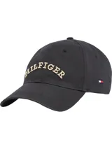 Gorra de béisbol negra de Tommy Hilfiger con logo bordado en color beige en el frente y bandera de la marca bordada en el lateral.