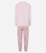 Conjunto de pijama largo de fleece, compuesto por una blusa lisa de manga larga y cuello redondo, y un pantalón con cintura elástica y estampado animal print de leopardo.