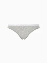 Conjunto Calvin Klein One de algodón gris jaspeado, compuesto por un corpiño deportivo con breteles finos y una bombacha clásica de tiro medio con cintura elástica con logo de la marca.