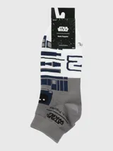 Calcetines cortos para hombre, color gris, blanco y azul marino, con diseño inspirado en el droide R2-D2 de Star Wars. Incluyen el logo de Star Wars y la marca Hush Puppies.