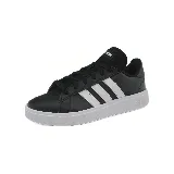 Zapatillas Adidas Grand Court Base 2.0, color negro con las tres tiras laterales blancas y suela gris.