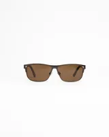 Lentes de sol de montura rectangular metálica color marrón oscuro o bronce, con cristales polarizados color café.