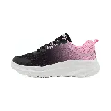 Zapatillas deportivas acordonadas para dama, con capellada negra que se degrada a rosado y suela blanca.