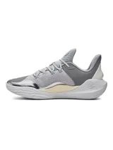Championes de básquet Under Armour Curry 11, color gris con detalles en blanco y suela blanca.