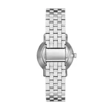 Reloj analógico minimalista con caja de acero inoxidable plateada y movimiento de cuarzo, diámetro de 32 mm.