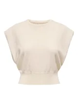 Top de punto acanalado color crema, con cuello redondo y corte regular. Sin mangas.