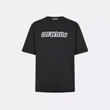 Camiseta negra de corte oversize con el logo de Off-White estampado en el pecho en blanco con contorno negro.