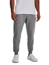 Pantalón de jogging Under Armour Rival Fleece para hombre, color gris melange, con cintura elástica ajustable, bolsillos laterales y logo bordado en la pierna izquierda. Corte ajustado en los tobillos.