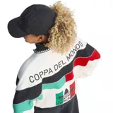 Buzo de algodón color crema con bloques de color en el pecho y mangas. El diseño central es negro con un gráfico estilizado de un león en blanco y la palabra "ITALIA" arriba. Los bloques laterales son rojo y verde, simulando la bandera italiana. Presenta un parche con el texto "ITALIAN WORLD CUP" en la manga izquierda.