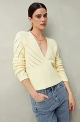 Sweater negro de tejido de punto calado, con escote en V cruzado y mangas largas.