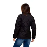 Campera acolchada negra para mujer, marca CAT, resistente al agua y al viento, con cuello alto y cierre frontal.