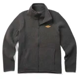 Campera polar verde agua jaspeado con cuello alto y cierre frontal completo. Tiene bolsillos laterales abiertos, un bolsillo con cierre en la manga izquierda y logo de la marca en el pecho. Confeccionada con poliéster reciclado y tecnología 4-way stretch.