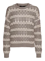 Sweater tejido calado color gris con rayas horizontales blancas, cuello redondo y calce regular.