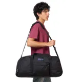 Bolso de viaje tipo duffel Jansport Weekender Large, color negro, con doble asa de mano y bolsillo frontal con cierre.