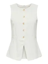 Chaleco corto color blanco, con cuello abierto y cierre de botones. Confeccionado en tejido de punto con mezcla de poliéster y elastano. Diseño sin mangas con textura suave y calce ajustado.