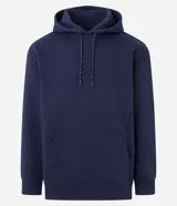 Hoodie masculino de algodón con felpa, color azul marino, de corte relaxed, con capucha ajustable, bolsillo canguro y manga larga.