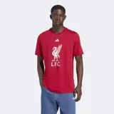 Remera Adidas de cuello redondo color rojo, con logo de Adidas y escudo del Liverpool FC estampados en blanco en el frente.