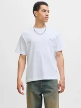 Camiseta de manga corta y cuello redondo, color blanco, con un estampado gráfico en la espalda que muestra una panorámica urbana con el texto "The Five Boroughs" y el logo de Jack & Jones.